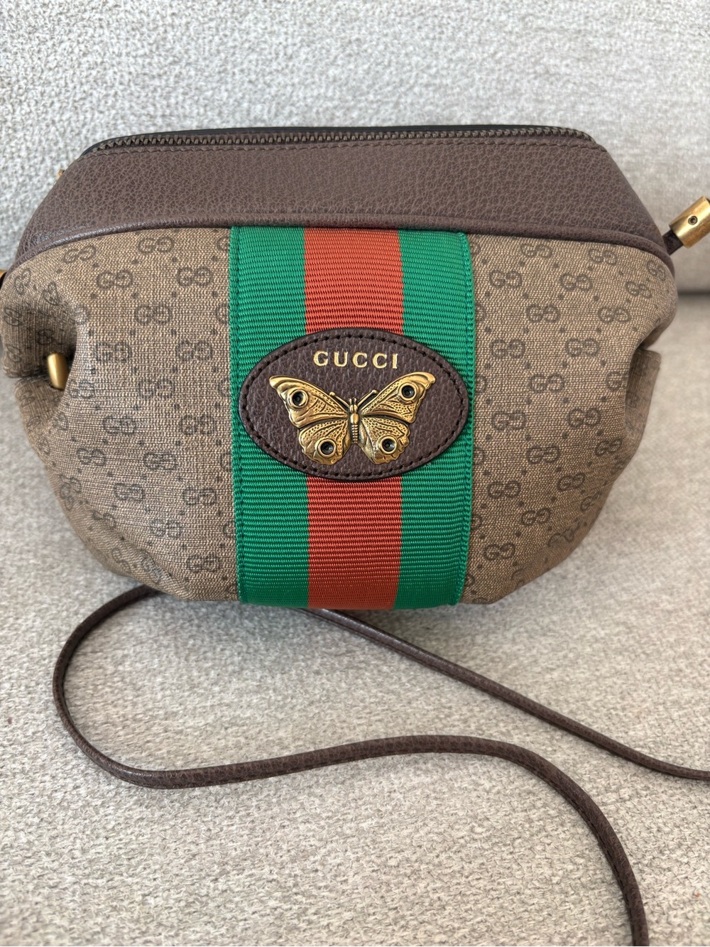Gucci Brown GG Supreme Web Stripe Butterfly Crossbody Bag - Picture 3 of 6